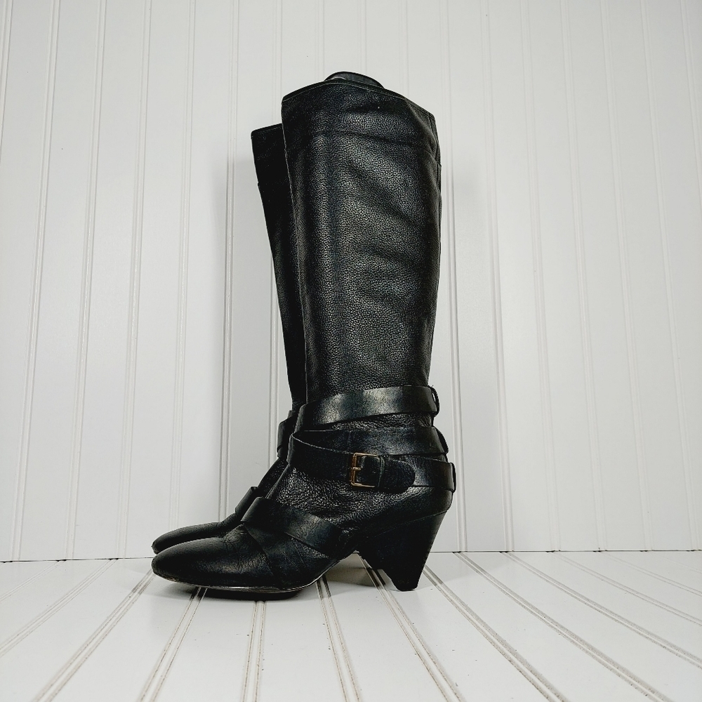 Cynthia Rowley Lainey Black Leather Knee High Strappy Harness Heeled Boots I651